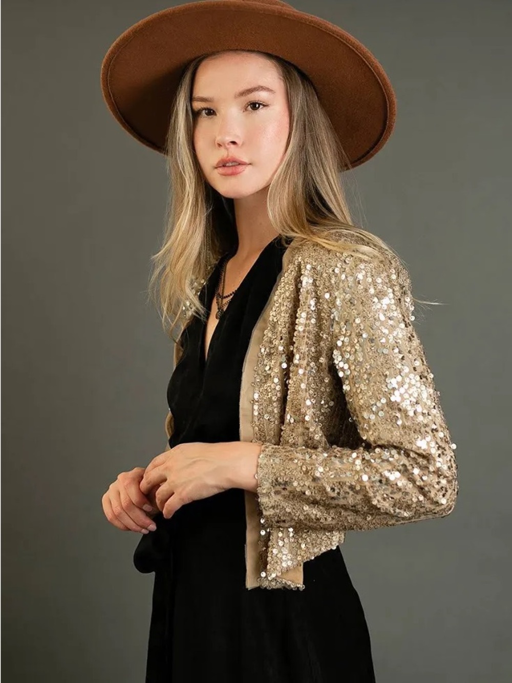 Joyfolie Mia Joy Gold Champagne Sequin Open Jacket